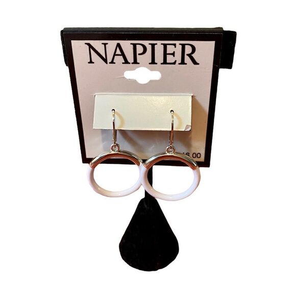 Napier White & Silver Drop Hoop Lever Back Earrings. - Picture 2 of 6